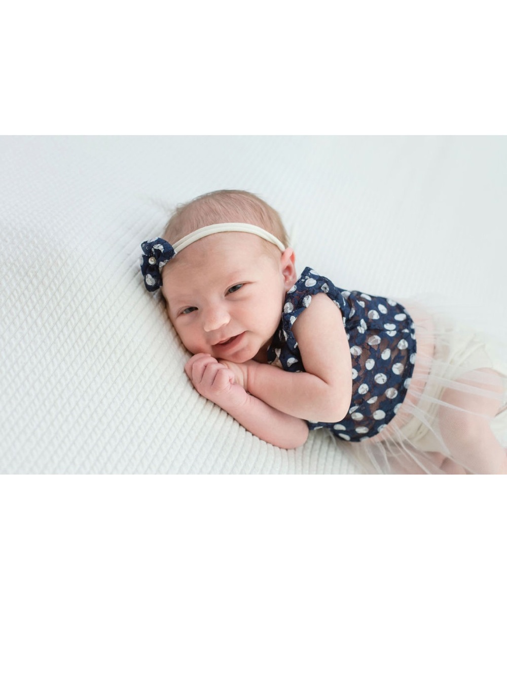 Newborn Photography Set - Navy Polka Dot Baby Dress with matching tie back